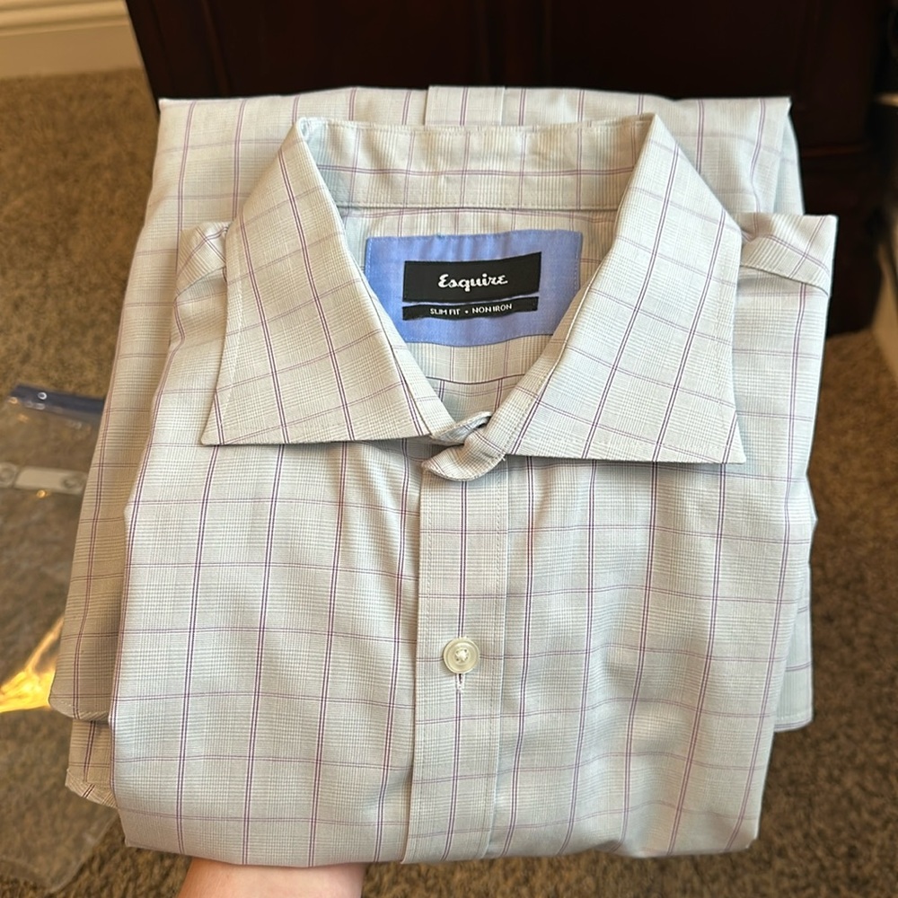 Esquire slim fit men’s dress shirt. 100% cotton, 16” neck, 34/35